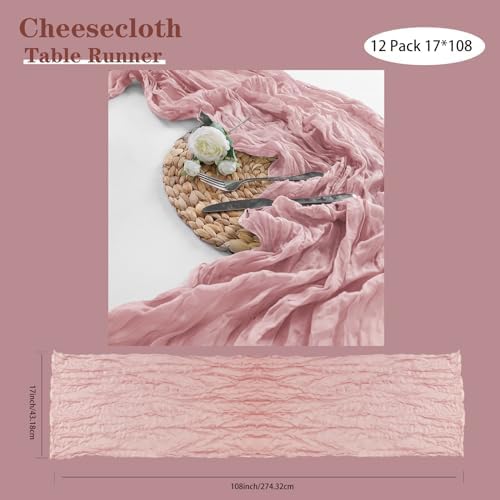 Bailarina 12 Pack Cheesecloth Table Runner 17x108 Inch Long Gauze Cheese Cloth 9ft Wrinkled Sheer Table Runner for Wedding Reception Birthday Party Table Decoration (Dusty Pink) - Image 4