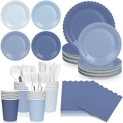 168 Pcs Dusty Blue Paper Plates and Napkins, Serve for 24 Guest by Unknown