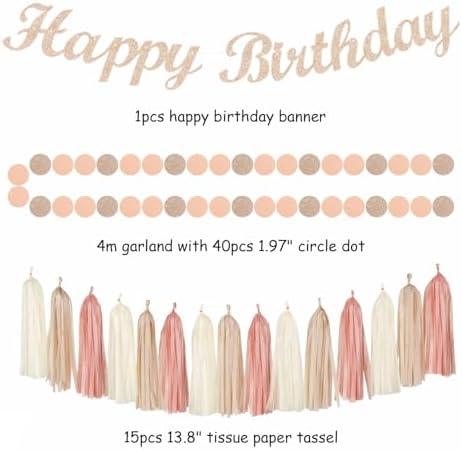 Blush-Pink Champagne Beige Happy-Birthday Party-Decorations - 31pcs 15th Women Girls Paper Lanterns Streamers Banner,Rose Gold Tissue Flowers Pom Poms Fans Tassels Graland Decor Supplies Hugmoon - Image 3