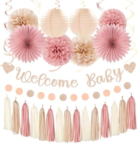 Blush-Pink Rose-Gold Fall Baby-Shower Party-Decorations - 31pcs Welcome Home Banner Sign,Neutral Paper Lanterns,Girl Streamers Garland,Boho Hanging Tissue Pom Poms Flowers Fans Backdrop Decor Burgleda by Burgleda