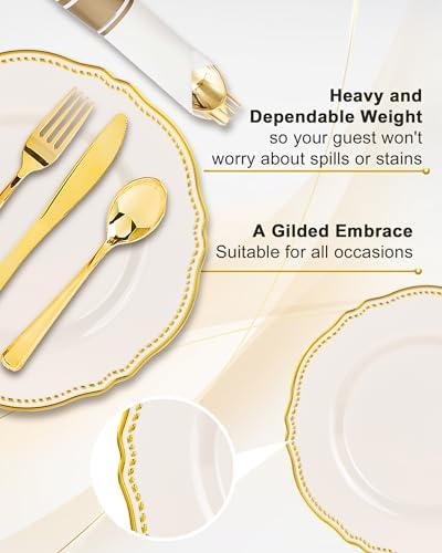 Hioasis 350 Pcs Ivory Gold Plastic Plates Wedding & Party - Image 5