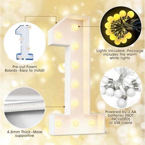 Ledido Easy-Assemble 4FT Warm White Marquee Light Up Number 1 for Birthday - Image 6