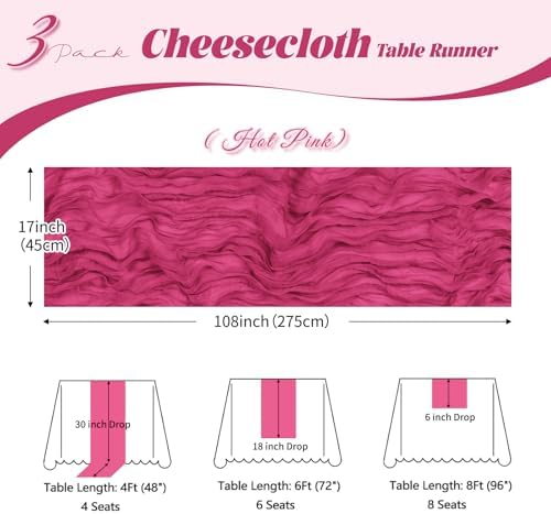 3 Pack Hot Pink Cheesecloth Table Runner, 17 x 108 inch, Semi Sheer Boho Cheese Cloth Fabric Table Runner Bulk for Wedding, Birthday, Party, Holiday, Home Decor (Hot Pink) - Image 3