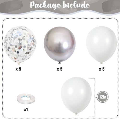 Silver and White Balloons, 12 Inch Metallic Silver White Latex Balloons Set Decor with Silver Confetti Helium Balloons for Boys Girls Birthday Party Baby Shower Wedding Graduation Party Decorations - Image 2