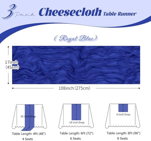 3 Pack Royal Blue Cheesecloth Table Runner, 17 x 108 inch, Semi Sheer Boho Cheese Cloth Fabric Table Runner Bulk for Wedding, Birthday, Party, Holiday, Home Decor (Royal Blue) - Image 3