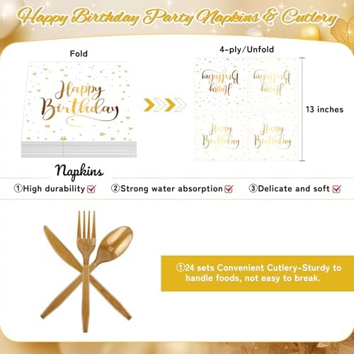 White and Gold Happy Birthday Party Plates, 168PCS Birthday Party Supplies - Image 4