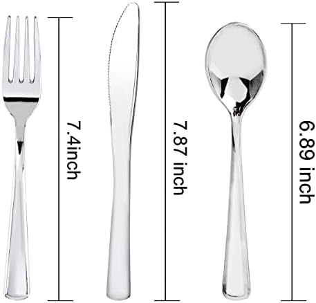 WDF 300 Pieces Silver Plastic Silverware - Plastic Silverware Heavy Duty - 100 Forks 100 Knives 100 Spoons - Disposable Silver Cutlery Perfect for Party/Wedding/Christmas - Image 6
