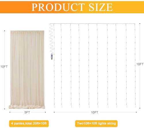 Tulle Backdrop Curtain with Lights Sheer Champagne Curtain Backdrop 20x10ft - Image 2