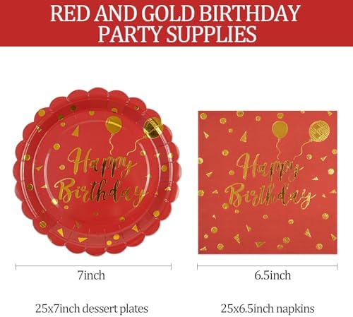 50PCS Happy Birthday Paper Plates and Napkins Party Decorations - 7 Inch Scalloped Red and Gold Dessert Plates and 6.5 Inch Napkins Disposable Tableware Set Birthday Party Supplies, Serves 25 - Image 3