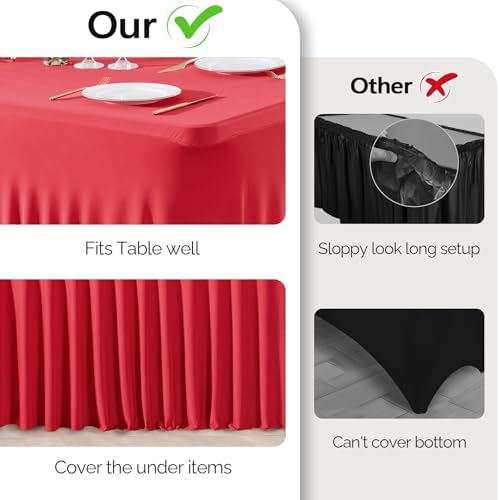 Wish Care 2 Pack Red Spandex Table Clothes for 8 Foot Rectangle Tables, 8FT Wrinkle Free Fitted Tablecloths Ruffles Design Stretch Table Cover for Party, Banquet, Wedding and Events - Image 3