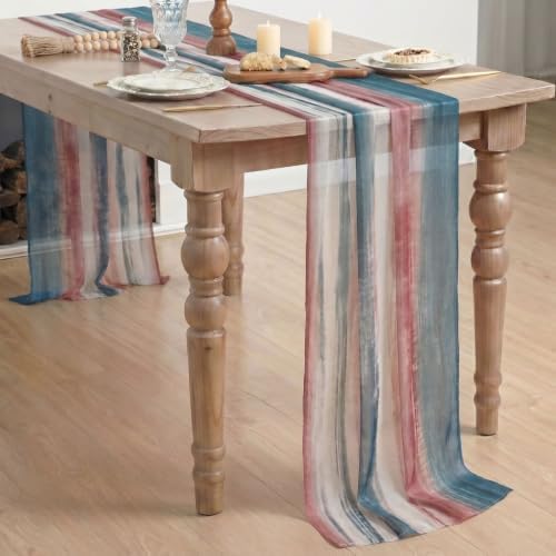 Artoid Mode Boho Blue Red Stripes 4th of July Chiffon Table Runner 120 Inches 10FT,Seasonal Fabric Kitchen Dining Holiday Table Decor for Home Party - Image 6