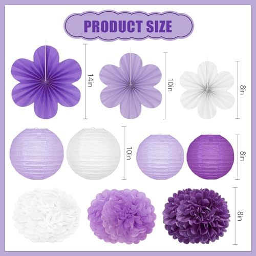 19 Pcs Purple Lilac-Lavender White Party Decorations, Hanging Paper Lanterns, Paper Flowers Fans, Tissue Pom Poms, Floral Backdrop Wall Decor for Birthday Graduation Bridal Shower Wedding Retirement - Image 2