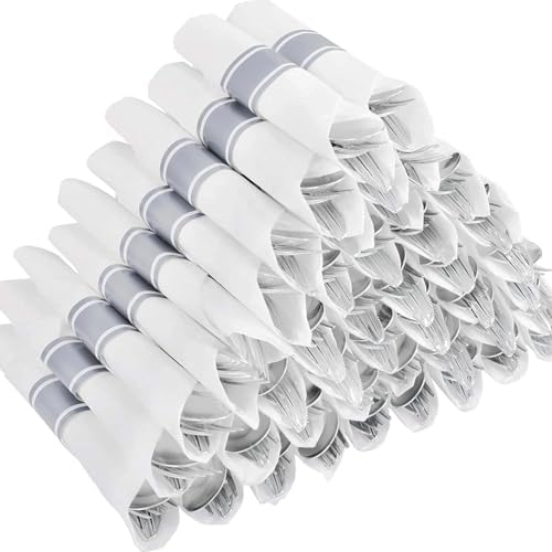 50Pack Pre Rolled Silver Plastic Silverware Set Heavy Duty for Party by Joyido