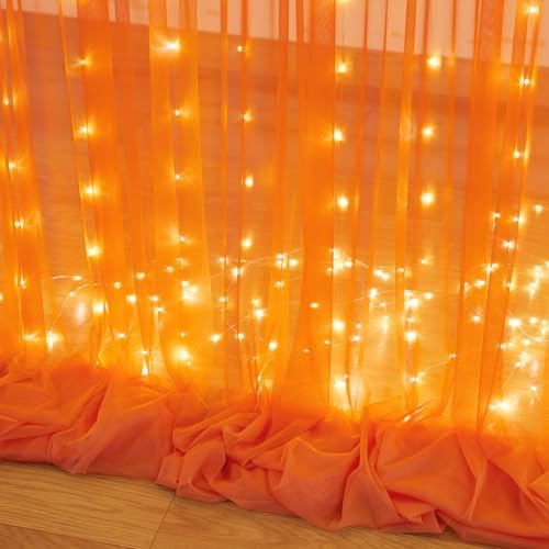 10ft x 10ft Orange Tulle Photo Backdrop Curtain with Lights String for Halloween Party Orange Sheer Curtain Backdrop Drapes for Birthday Party Wedding Photo Booth Background Home Room Decorations - Image 6