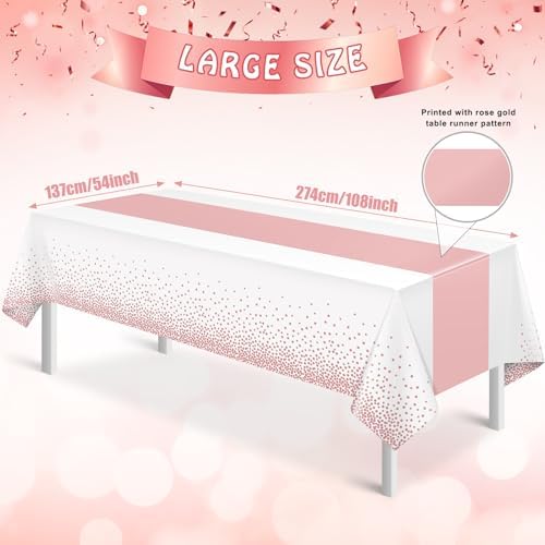 1Pcs White and Rose Gold Tablecloth Party Decorations,Plastic White Table Cloth Printed Rose Gold Table Runner Disposable Rectangle Cover for Birthday Anniversary Wedding Grad Party,54 x108 Inch - Image 2