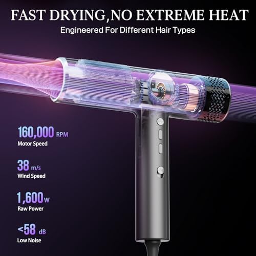 High-Speed Ionic Hair Dryer with Diffuser,160,000 RPM Professional Brushless Motor Blow Dryer,Fast Drying Without Damage,500M Negative Ions,Lightweight Travel Design (Low Noise, Salon Quality) - Image 3