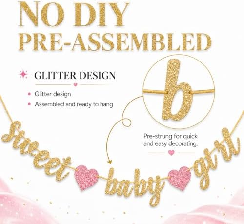 Sweet Baby Girl Banner, Pink Baby Shower Decorations for Girl, Pre-Strung Baby Shower Banner Garland with Pink Hearts, Baby Girl Shower Decor for Backdrop, Dessert Table, Wall, Mantel, Baby Sprinkle Party - Image 4