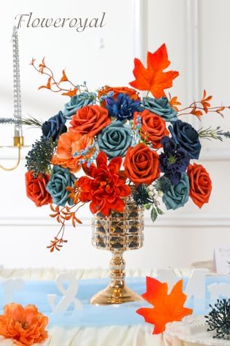 Floweroyal Artificial Flowers Combo Orange Flowers Mix Silk Flowers Dahlia Roses with Stems for DIY Wedding Bridal Bouquets, Baby Shower, Floral Arrangement, Table Centerpieces, Home Decorations. - Image 3