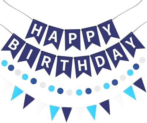 Blue Happy Birthday Banner Hanging Sign Circle Dot Triangle Bunting by Unknown