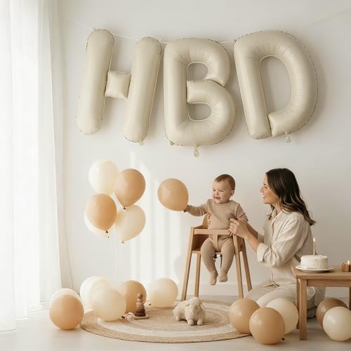 40 Inch Cream HBD Balloons for Boho Birthday Party Decorations, Giant Beige HBD Letter Foil Mylar Balloon Banner Helium Supported, Ivory White Sand Neutral Happy Birthday Sign for Girls Women Boys Men - Image 5