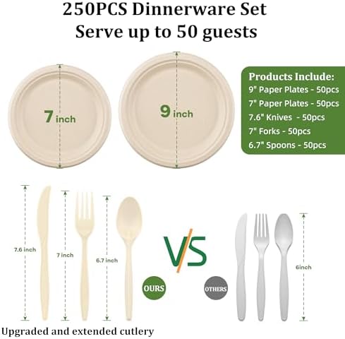Compostable Paper Plates Set, 250PCS Disposable Heavy-Duty Sugarcane Plate - Image 3