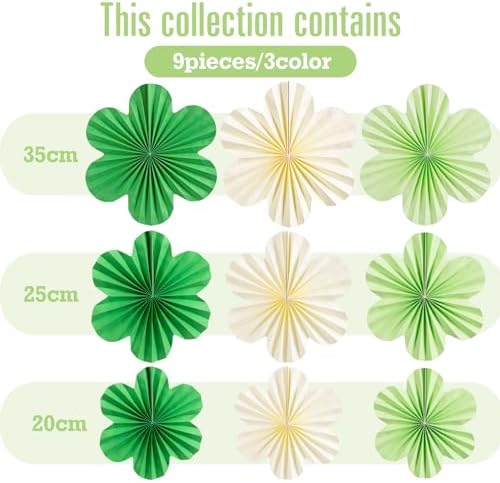 SUNBEAUTY Green Paper Flowers Decorations for Wall, Spring Summer Paper Fans Decor, Classroom Decor Paper Floral Backdrop Paper Flowers Decoration Hanging Paper Fans Green Flower Wall Decor, Set of 9 - Image 2