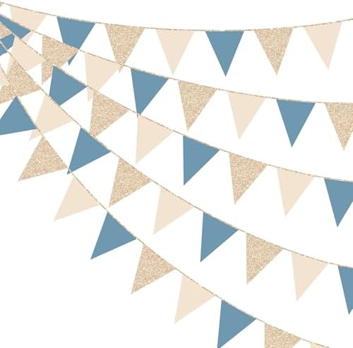 30Ft Champagne Gold Dusty Blue Beige Party Decorations Pennant Banner Flag Hanging Paper Triangle Bunting for Birthday Graduation Wedding Shower Bachelor Retirement Nautical Party Supplies by pinkblume