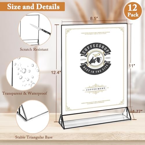 Floroom 12 Pack 8.5x11 Inch Clear Acrylic Sign Holders, Black Border Double-Sided Vertical Picture Frames & Display Stands for Table Numbers, Photos, Menus, Flyers, Weddings, Parties & Events - Image 2