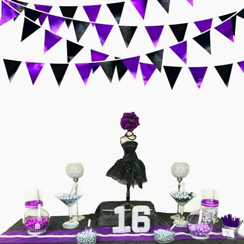 Purple and Black Party Decorations Metallic Fabric Triangle Pennant Banner Flag Bunting Garland for Graduations Birthday Retirement Wedding Baby Shower Bachelorette Halloween Outdoor Party Supplies - Image 6