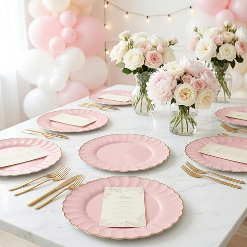 13 Inch Pink Scalloped Charger Plates with Gold Rim (Set of 6), Round Wave Plastic Serving Plates for Weddings, Bridal Showers, Birthday Parties, Catering & Table Decorations - Image 7