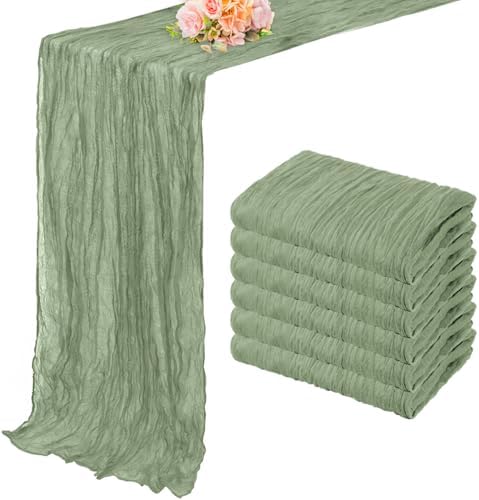 6 Pack Sage Green Cheesecloth Table Runner 10FT Rustic Gauze Fabric Cheese Cloth Table Runner for Wedding Bridal Baby Shower Table Decor 20 x 120 Inch Long Boho Sheer Birthday Party Table Decorations by FoliafeelHome
