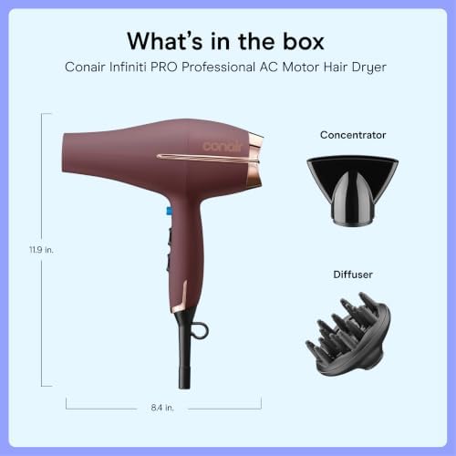 Conair Hair Dryer with Diffuser & Concentrator, 1875W AC Motor, Plum - Image 7