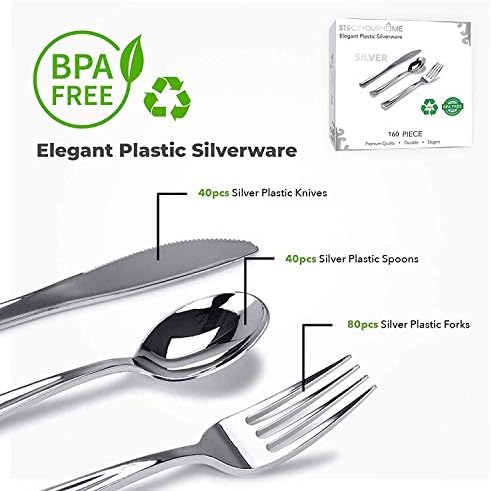 160 Pack Silver Plastic Cutlery Disposable Silverware - 80 Forks, 40 Knives, 40 Spoons - For Catering, Parties, Dinners, Weddings, and Everyday Use, Stock Your Home - Image 2