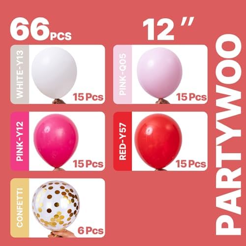 PartyWoo Pink and Red Balloons 66pcs 12 Inch Pink Red White Gold Balloons - Image 2