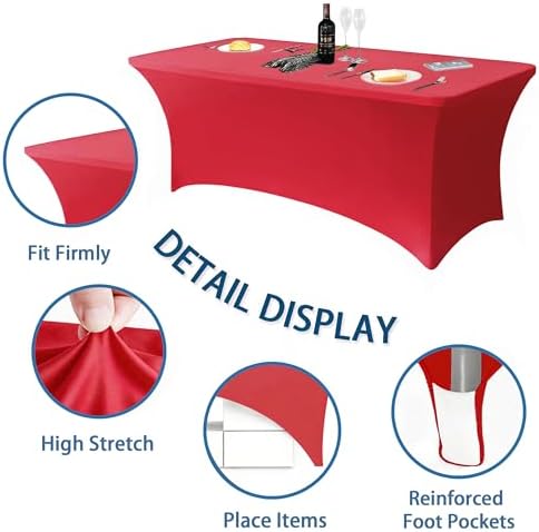 6FT Red Table Cloth - 2 Pack Fitted Stretch Rectangle Spandex Tablecloth, Washable Table Cover for Party, Picnic, Wedding, Banquet, Birthday and Festival(30" x 72") - Image 4