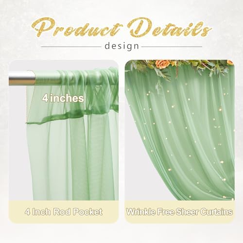 20x8ft Olive Green Tulle Backdrop Curtain with Lights String for Parites, Sheer Photo Backdrop Curtains with Lights for Wedding Backdrop Ceremony Reception Bridal Shower Baby Shower Birthday Party - Image 2