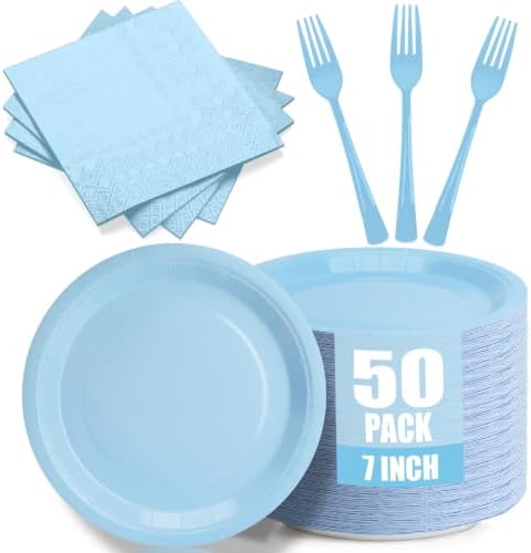 Light Blue Party Plates and Napkins, Include 7’’ Disposable Baby Blue Paper Dessert Plate Napkins Forks Party Supplies for Birthday, Baby Shower, Wedding, Picnics Party Decorations for Serves 50 by CENLBJ
