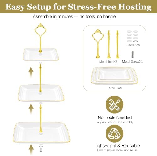 8 Pcs Dessert Display Set, 2 3-Tier Cupcake Stands, 4 Trays & 2 Tongs - Image 7