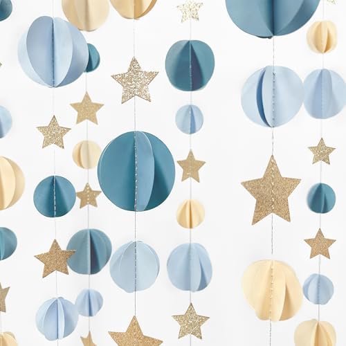Dusty Blue Champagne Gold Beige 3D Polka Dot Star Hanging Streamer Circle Dot Star Garland Banner for Birthday Bridal Shower Wedding Engagement Nautical Party Decorations Supplies - Image 5
