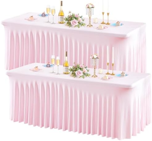 Wish Care 2 Pack Pink Spandex Table Clothes for 4 Foot Rectangle Tables, 4FT Wrinkle Free Fitted Tablecloths Ruffles Design Table Cover for Party, Banquet, Wedding and Events by WishCare