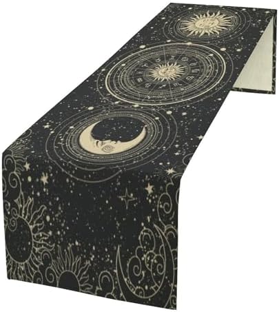Magical Sun Moon Table Runner Vintage Boho Zodiac Wheel Constellations Astrological Tarot Stars Clouds Dinner Runner for Farmhouse Party Holiday Home Kitchen Dining Table Decoration 13"x120" by SHElifestyle