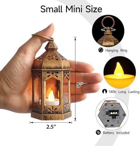 LLQ 12Pcs Mini Lantern with LED Tea Light, Garden Fairy Party Decorations, Battery Included, Vintage Lanterns Decorative, Hanging Candle Lanterns for Halloween Christmas Wedding Table Centerpiece - Image 3