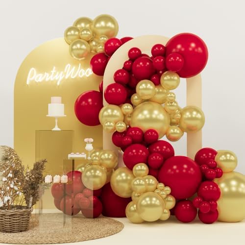 PartyWoo Red and Gold Balloon Arch Kit 140pcs Different Sizes by PartyWoo