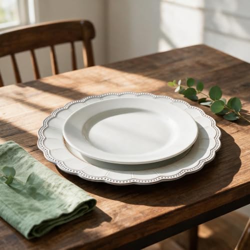 White Antique Charger Plates,13 Inch Metallic Chargers for Dinner Plates, Bead Rim Plastic Chargers For Dining, Wedding, Party,Shower. 6 Pack Decorative Holiday Tabletop Decor - Image 4