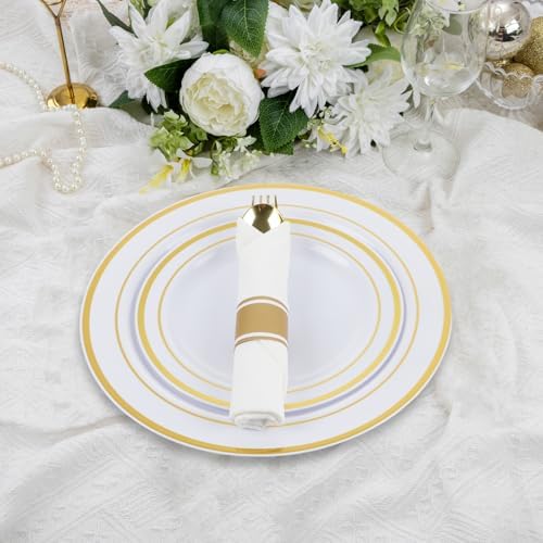M MCIRCO 175 Piece Gold Dinnerware Set - 50 Plastic Plates, 25 Cups, 25 Pre Rolled Napkins with Plastic Silverware, Disposable Gold Dinnerware Set for 25 Guest - Image 5