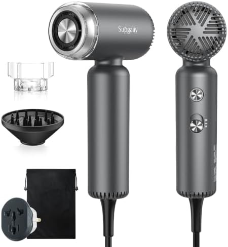 Dual Voltage Hair Dryer, High-Speed Ionic Blow Dryer for Fast Drying, Travel Compact Hair Blow Dryer with Magnetic Curly Diffuser for Home, Portable Hairdryer International 100-240V by SUPGALIY