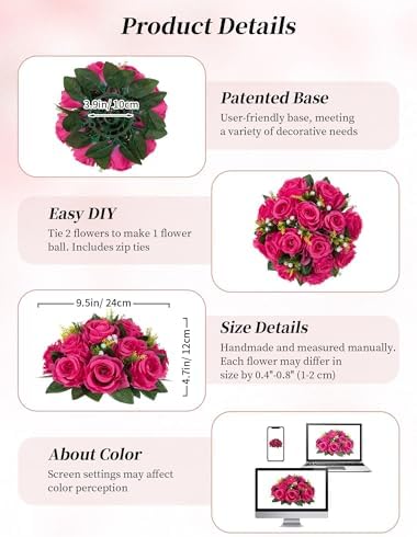 BLOSMON Hot Pink Flowers Artificial: 2 Pcs Fake Rose Balls Centerpieces - Image 6