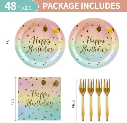 48PCS Happy Birthday Plates and Napkins Party Supplies, Colorful and Gold Disposable Paper Plates and Napkins with Forks Tableware Set for Birthday Party Decorations 16 Guests (Colorful) (Pack of 2) - Image 2