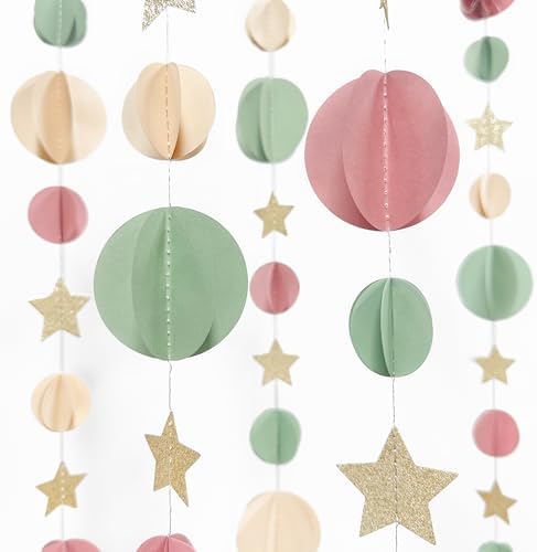 Champagne Gold Sage Green Dusty Rose Pink Beige 3D Polka Dot Star Hanging Streamer Circle Dot Star Banner Garland for Girl Wild Safari Jungle Woodland Birthday Party Decorations Supplies - Image 5