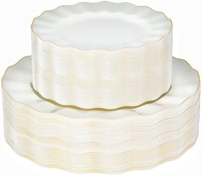 72PCS Ivory White Plastic Plates, Wavy Plates with Gold Rim by QualQuot
